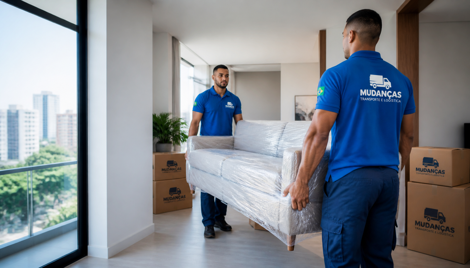 Equipe da Pernambuco Mudanças carregando sofá embalado em apartamento no Recife